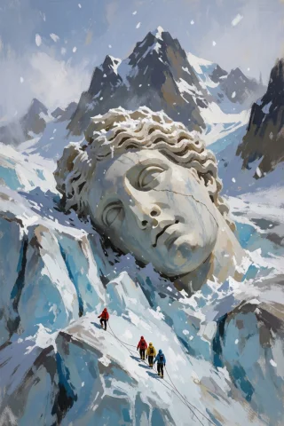 A Tall Vertical Composition, Low-angle, Looking Up A Glacier... — Stable Diffusion AI Prompt: A tall vertical composition, low-angle, looking up a glacier. In the lower part...