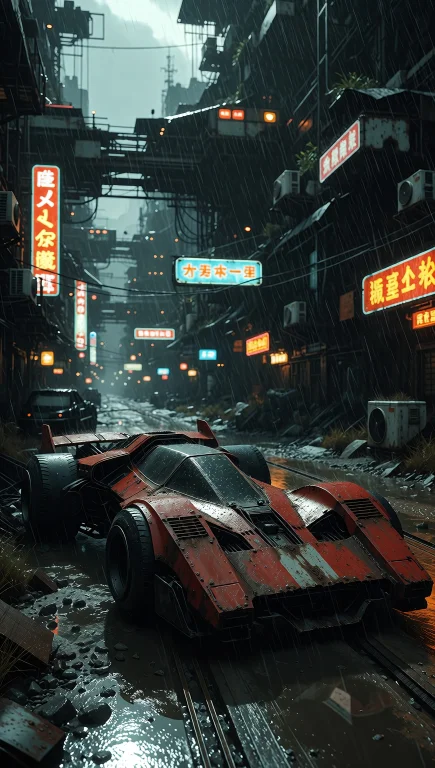 Sci-fi Car, Red Vehicle, Industrial Slum, Rainy Street, Wet...