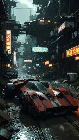 Sci-fi Car, Red Vehicle, Industrial Slum, Rainy Street, Wet... — Stable Diffusion AI Prompt: sci-fi car, red vehicle, industrial slum, rainy street, wet ground, neon signs,...