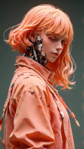 3d Render, Analog Photography. She Turns Her Head Slightly,... — Stable Diffusion AI Prompt: 3D render, analog photography. She turns her head slightly, her light orange mec...
