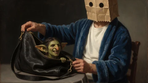 A Guy In White T-shirt And Blue Bathrobe With A Paper Bag Ov... — Stable Diffusion AI Prompt: A guy in white t-shirt and blue bathrobe with a paper bag over his head. He plac...