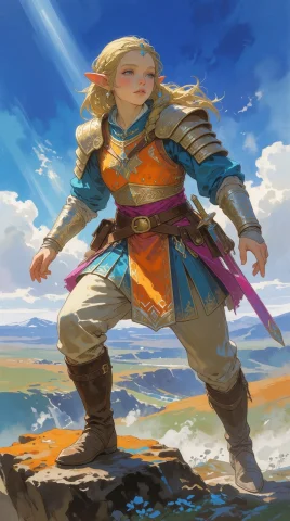 Detailed Gouache Painting Featuring A Young Female Elf Weari... — Stable Diffusion AI Prompt: detailed gouache painting featuring a young female elf wearing a gladiator kilt,...
