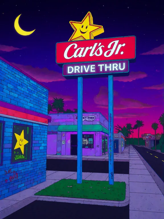 A Neon-lit Carls Jr. Drive Thru Sign At Night, Featuring A S...