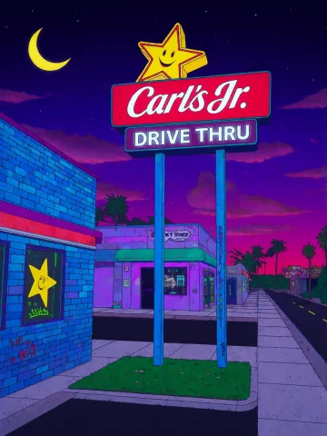A Neon-lit Carls Jr. Drive Thru Sign At Night, Featuring A S... — Stable Diffusion AI Prompt: A neon-lit Carl’s Jr. Drive Thru sign at night, featuring a smiling yellow star...