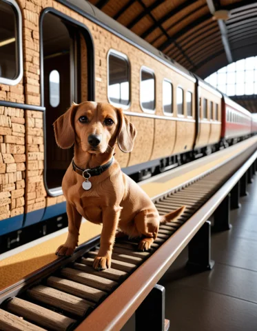 A Cork Railway Station Where A Gigantic Cork Dachshund Serve... — SDXL AI Prompt: A cork railway station where a gigantic cork dachshund serves as the passenger t...