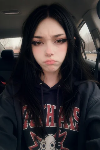 Nova, V, Sitting In Her Car, Frowning Sarcastically Taking A... — Stable Diffusion AI Prompt: Nova, “V”, sitting in her car, frowning sarcastically taking a selfie, wearing a...