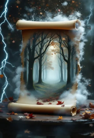 A Realistic Scroll Of Potions And Magic Dust Stands On A Lib... — FLUX AI Prompt: A realistic scroll of potions and magic dust stands on a library table, surround...