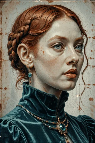 A Portrait Of A Woman In Her Thirties With Copper Hair Braid... — Stable Diffusion AI Prompt: a portrait of a woman in her thirties with copper hair braided around her head a...