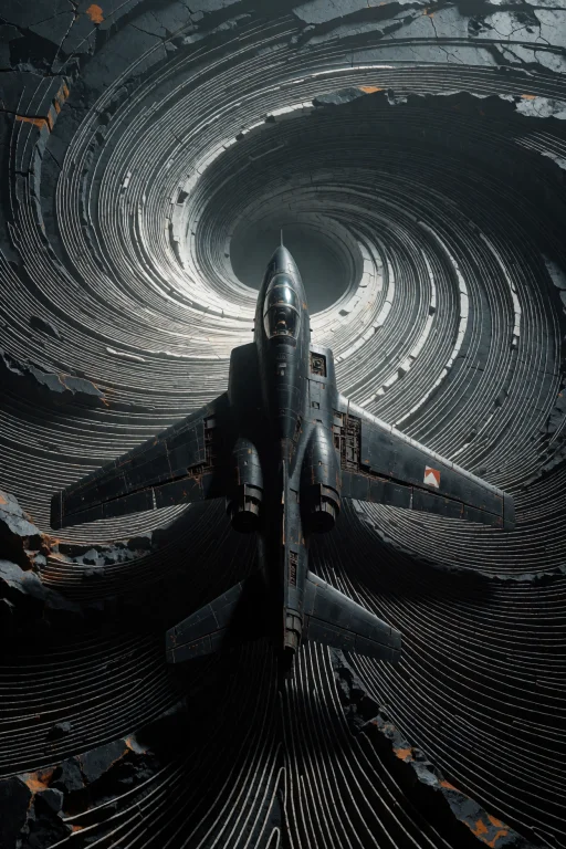 A Black Jet Flies Toward A Swirling Vortex Of White Lines Et...