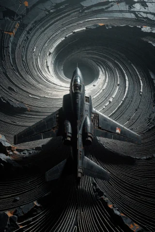 A Black Jet Flies Toward A Swirling Vortex Of White Lines Et... — Stable Diffusion AI Prompt: A black jet flies toward a swirling vortex of white lines etched into dark stone...