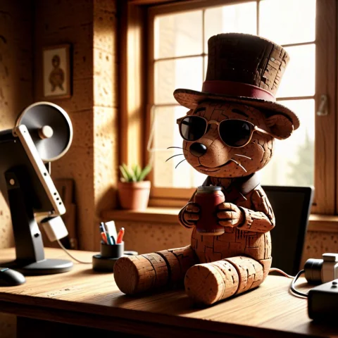 A Stop-motion Style Scene, A Anthropomorphic Cork, Sitting,... — SDXL AI Prompt: a stop-motion style scene, a anthropomorphic cork, sitting, wearing sunglasses,...
