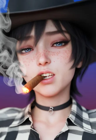 1girl, Cowgirl, Short Black Hair, Wolf Cut, Black Cowboy Hat... — Stable Diffusion AI Prompt: 1girl, cowgirl, short black hair, wolf cut, black cowboy hat, choker, plaid shir...