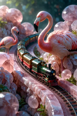, A Breathtaking Macro Photograph Of A Cute Real Pink Flamin... — Stable Diffusion AI Prompt: , A breathtaking macro photograph of a cute real pink flamingo riding a tiny tra...