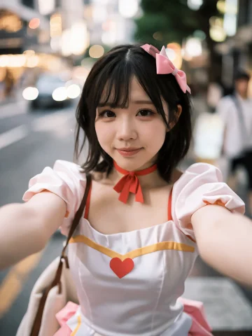 A Closeup Selfie Of Japanese Woman Cosplaying As Magical Gir... — Stable Diffusion AI Prompt: A closeup selfie of Japanese woman cosplaying as magical girl on a Tokyo sidewal...