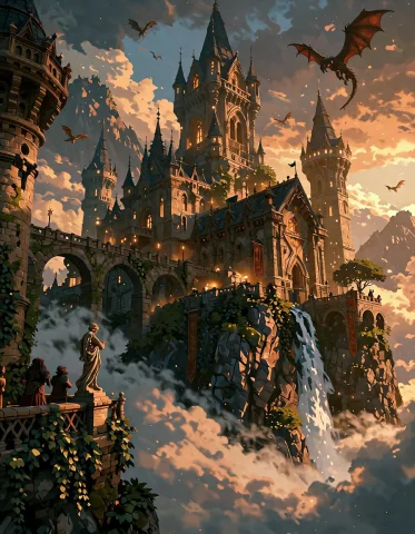 A Vast Forgotten Fantasy Citadel Rises From A Rocky Cliff Ab... — Stable Diffusion AI Prompt: A vast forgotten fantasy citadel rises from a rocky cliff above a sea of clouds,...