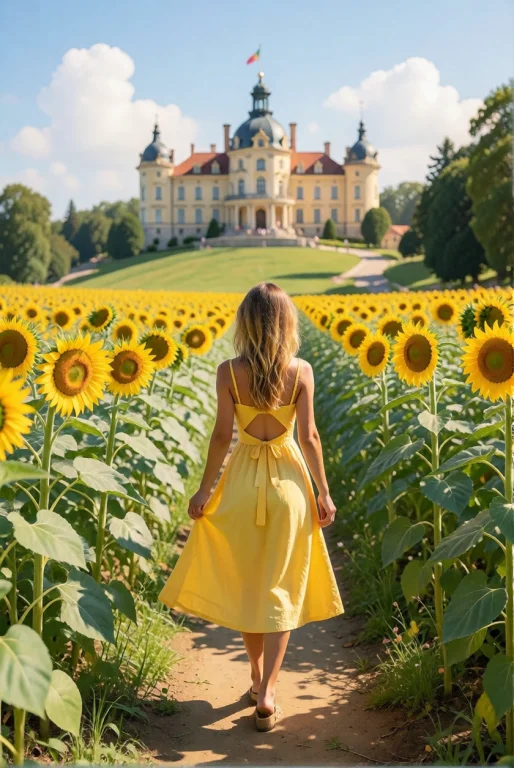 A Young Woman Walks Through A Field Of Tall Sunflowers Towar...