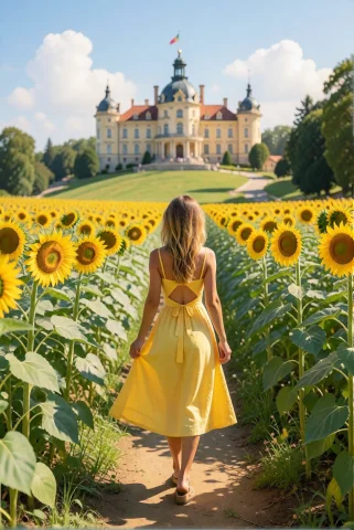 A Young Woman Walks Through A Field Of Tall Sunflowers Towar... — Stable Diffusion AI Prompt: A young woman walks through a field of tall sunflowers toward a distant palace,...