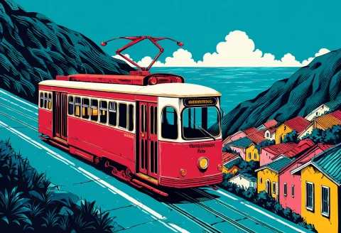 Masterpiece, Best Quality, Safe, Gdriso, A Red Tram Climbing... — Stable Diffusion AI Prompt: masterpiece, best quality, safe, @gdriso, a red tram climbing a steep street in...