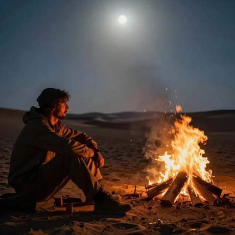A Traveler Resting Beside A Desert Campfire, Documentary Pho... — Stable Diffusion AI Prompt: a traveler resting beside a desert campfire, documentary photography, volumetric...
