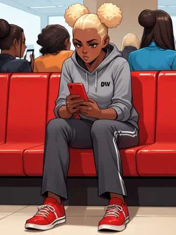 Best Quality, Score7, Bored, Looking At Phone, Texting, She... — Stable Diffusion AI Prompt: best quality, score_7, bored, looking at phone, texting, she is sitting in a cro...