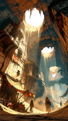 A Wide Cinematic View Looking Upward From The Floor Of A Dee... — Stable Diffusion AI Prompt: A wide cinematic view looking upward from the floor of a deep subterranean plaza...