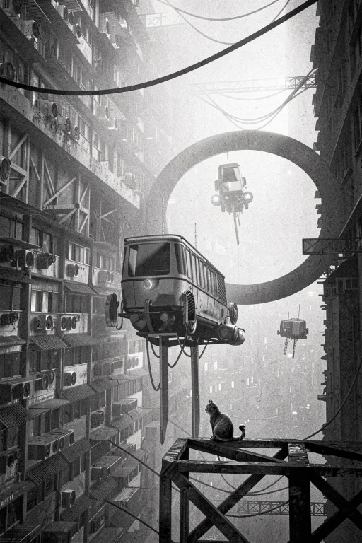 A Cat Sits On A Platform Looking At Three Suspended Vehicles...