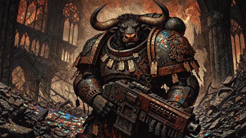 An Adult Anthropomorphic Bull Veteran, Characterized By A He... — Stable Diffusion AI Prompt: An adult anthropomorphic bull veteran, characterized by a heavy, wide bovine muz...