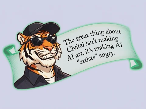 Change The Person Into A Tiger Wearing Sunglasses And The Te... — Stable Diffusion AI Prompt: change the person into a tiger wearing sunglasses and the text to "The great thi...