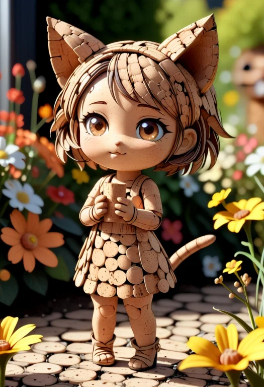 A Cute Chibi Catgirl Made Of Cork Material, Cork Texture, Po...