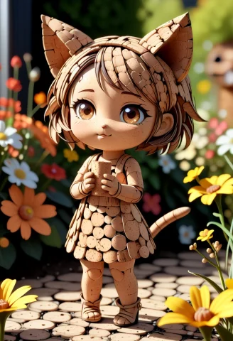 A Cute Chibi Catgirl Made Of Cork Material, Cork Texture, Po... — SDXL AI Prompt: A cute chibi catgirl made of cork material, cork texture, porous, tan color, gra...