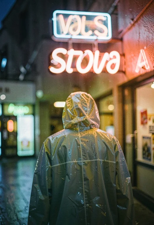 A Raincoat Glowing Under Wet Neon Signage, Analog Photo, Sof...
