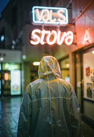 A Raincoat Glowing Under Wet Neon Signage, Analog Photo, Sof... — Stable Diffusion AI Prompt: a raincoat glowing under wet neon signage, analog photo, soft diffused light, ti...