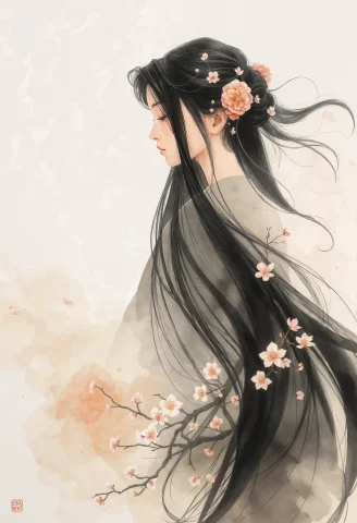A Serene, Side-profile Portrait Of A Woman With Long, Flowin... — Stable Diffusion AI Prompt: A serene, side-profile portrait of a woman with long, flowing black hair adorned...