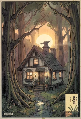 A Witchs Cottage Deep In A Whispering Wood, Retro Futurism,... — Stable Diffusion AI Prompt: a witch's cottage deep in a whispering wood, retro futurism, sunset backlight, s...