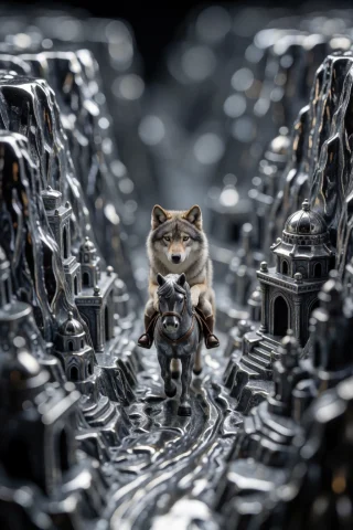 A Breathtaking Macro Photograph Of A Cute Real Gray Wolf Rid... — Stable Diffusion AI Prompt: A breathtaking macro photograph of a cute real gray wolf riding a tiny horse thr...