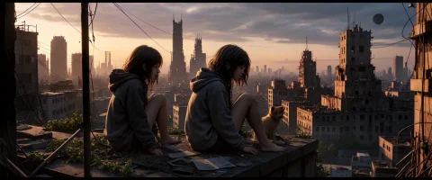 A Young Woman Sits On The Concrete Edge Of An Abandoned Roof... — SDXL AI Prompt: A young woman sits on the concrete edge of an abandoned rooftop, her legs dangli...