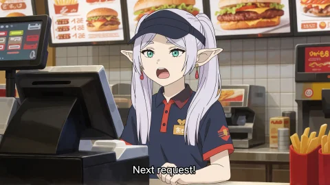 Frieren Is Sitting At The Cash Register In A Fastfood Restau... — Stable Diffusion AI Prompt: Frieren is sitting at the cash register in a fast‑food restaurant. She is wearin...