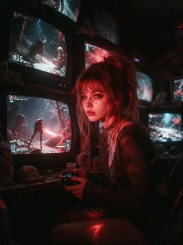 A Young Woman With Messy Hair Sits In A Room Filled With Sta... — Stable Diffusion AI Prompt: A young woman with messy hair sits in a room filled with stacked televisions. Sh...
