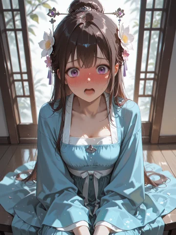 1girl, Solo, Dress, Full-face Blush, Black Hair, Blue Dress,... — Stable Diffusion AI Prompt: 1girl, solo, dress, full-face blush, black hair, blue dress, long hair, sitting,...