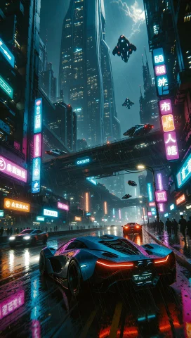 Cyberpunk City, Futuristic Supercar, Neon Lights, Rainy Stre... — Stable Diffusion AI Prompt: cyberpunk city, futuristic supercar, neon lights, rainy street, massive skyscrap...