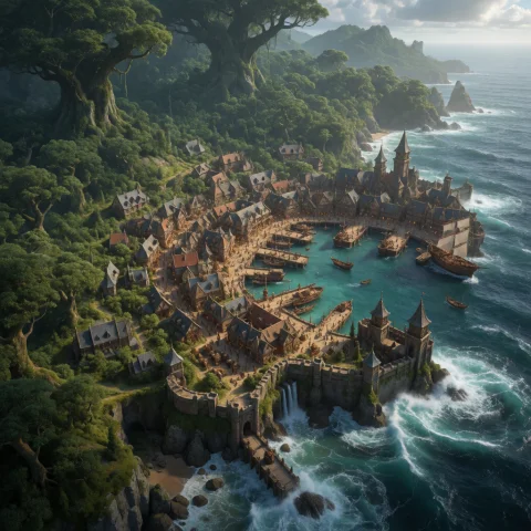 Forest Port City By The Ocean A Vast Bustling Fantasy Port C... — Stable Diffusion AI Prompt: Forest Port City by the Ocean: A vast bustling fantasy port city lies between a...