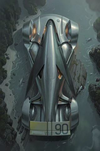 The Image Shows A Top-down View Of A Futuristic Race Car Cen... — FLUX AI Prompt: The image shows a top-down view of a futuristic race car centered in the frame w...