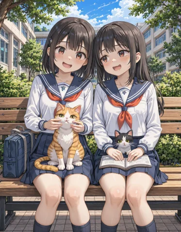 Loratraining2617621-20261003044110058-w06t1 Z1os, Schoolgirl... — Stable Diffusion AI Prompt: z1os, schoolgirl and another student siting on a bench, a cat on her laps, funn...