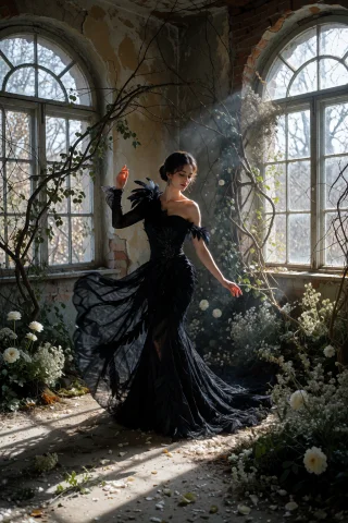 The Scene Is Set In An Abandoned, Dilapidated Room Character... — Stable Diffusion AI Prompt: The scene is set in an abandoned, dilapidated room characterized by crumbling wa...