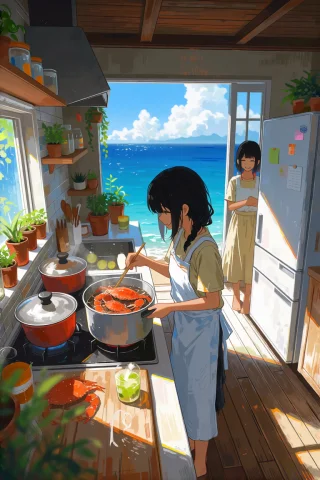 Njsw33t, Anime Style Illustration Of A Bright And Cozy Coast... — Stable Diffusion AI Prompt: @NJSW33T, anime style illustration of a bright and cozy coastal kitchen. Wooden...