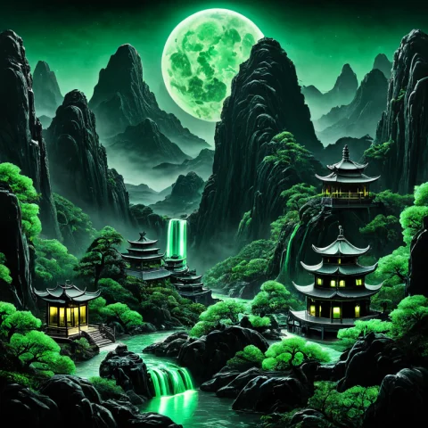 A Misty Chinese Mountain Landscape With A Pagoda And A Water... — SDXL AI Prompt: a misty chinese mountain landscape with a pagoda and a waterfall at night, wide...