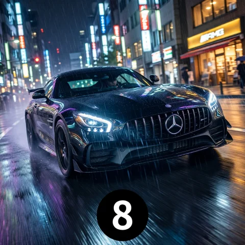 Loraqwen-image-2512-lightning-4steps-v10-bf161.0 A Glossy Bl... — Stable Diffusion AI Prompt: A glossy black Mercedes-AMG GT sliding sideways toward the camera on a wet Toky...