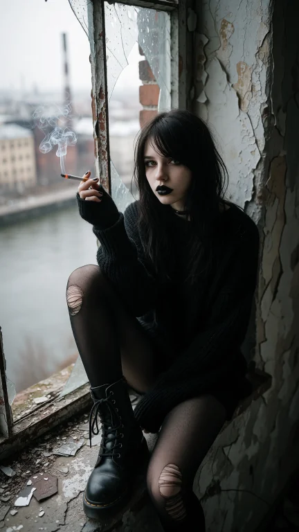 Photorealistic Portrait Of A Young Emo Woman With Long Strai...