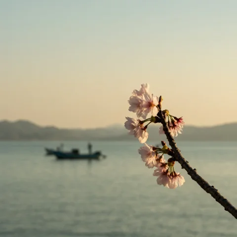 Sacura Blossom Branch On The Right 25, Minimalism, Blurred M... — Stable Diffusion AI Prompt: Sacura blossom branch on the right 25%, minimalism, blurred mountains and ocean...