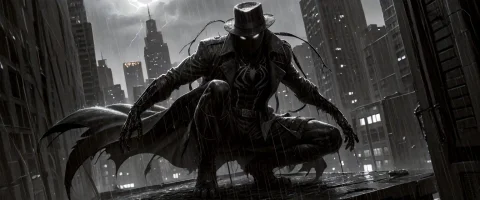 Spider-man Noir, Alone On The Edge Of A Skyscraper Rooftop I... — SDXL AI Prompt: Spider-Man Noir, alone on the edge of a skyscraper rooftop in a violent nighttim...